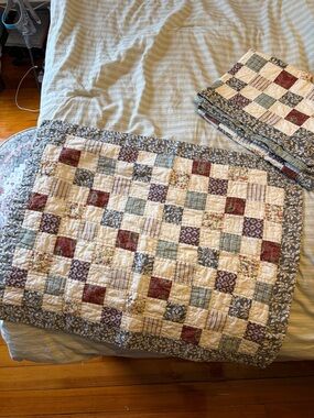 Quilted Patchwork pillow shams  in Cream, Blue, and Burgundy - x3